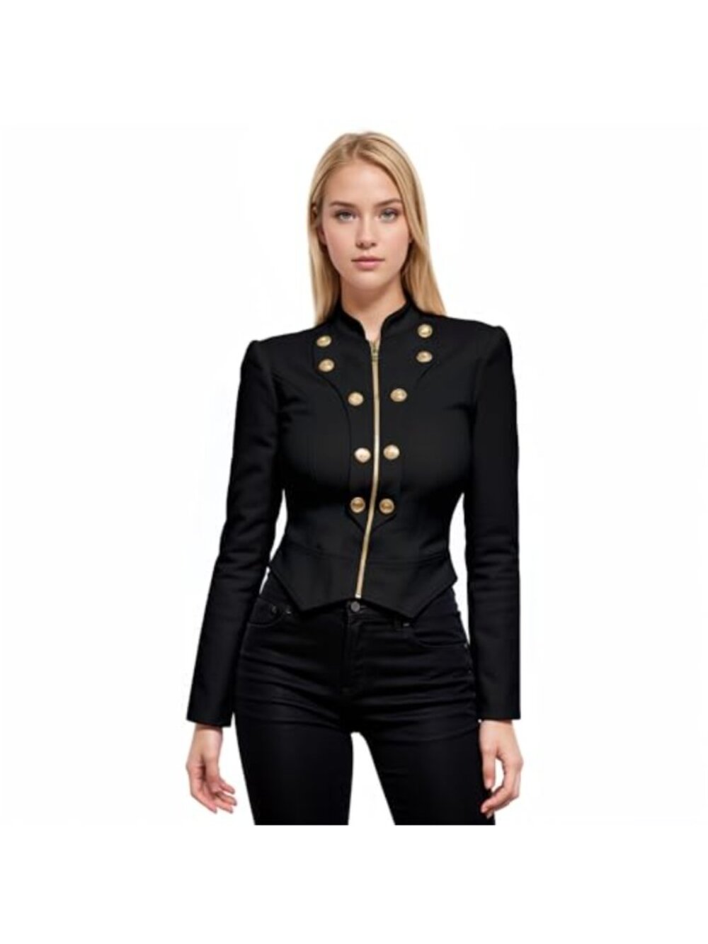 Military Crop Stretch Zip Up Blazer Jacket Rayon Nylon Spandex Blend